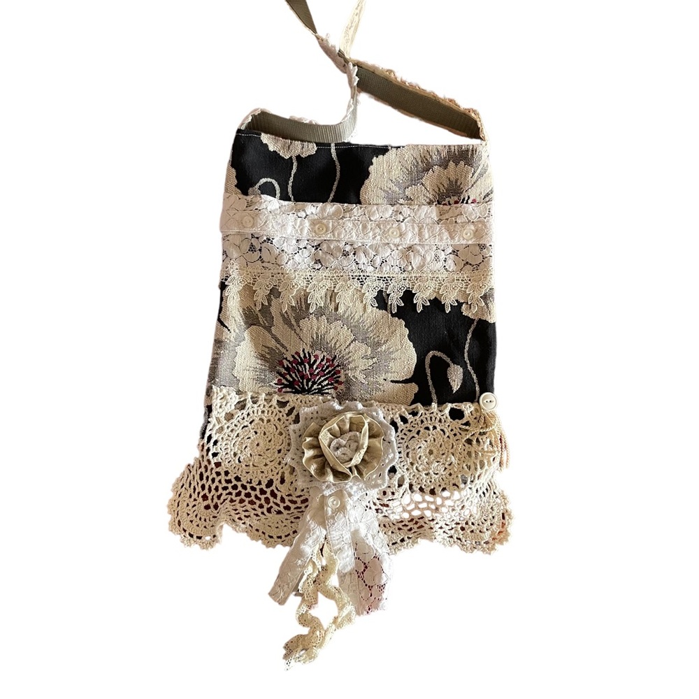 Hand crafted Navy blue Vintage lace crossbody bag funky fun one of a kind